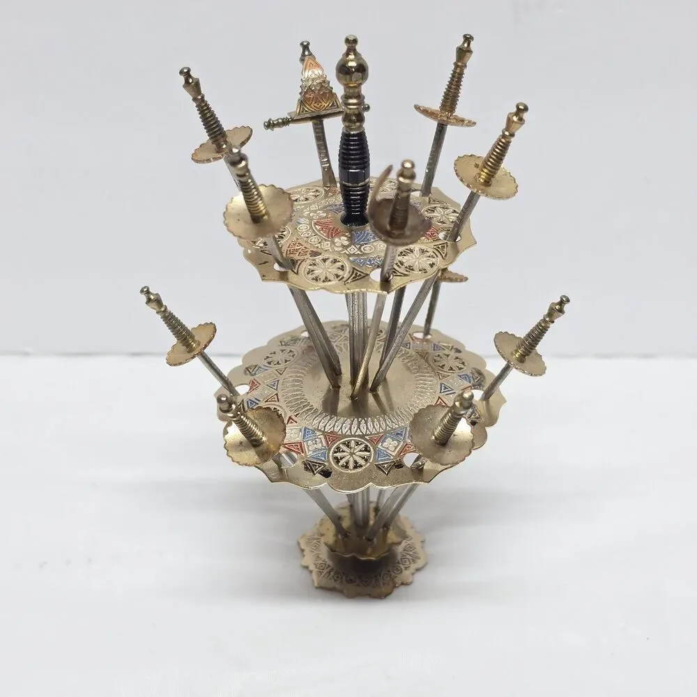 VTG MCM TOLEDO Cocktail Picks Barware Mini Swords Set Of 12 Spain 2-tire Holder